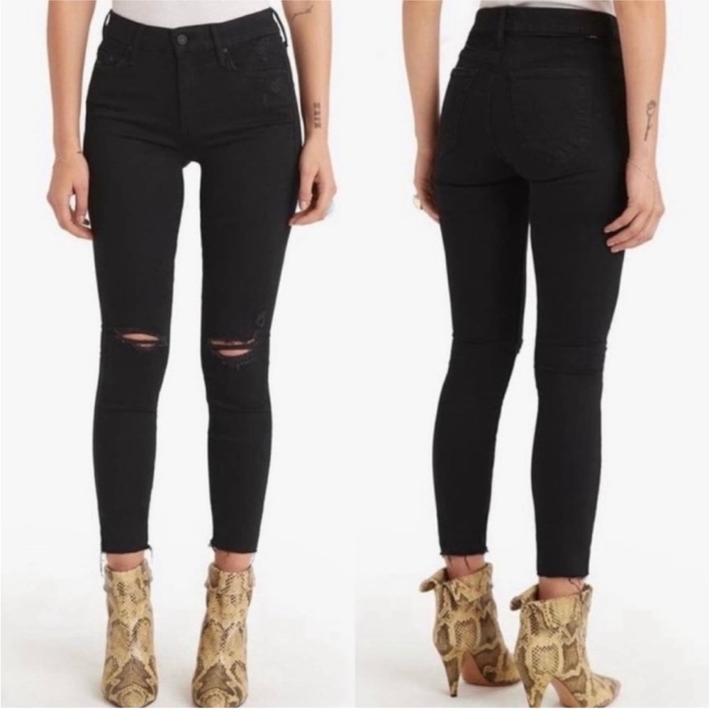 MOTHER The Looker Ankle Fray High Rise Distressed Black Jeans 29